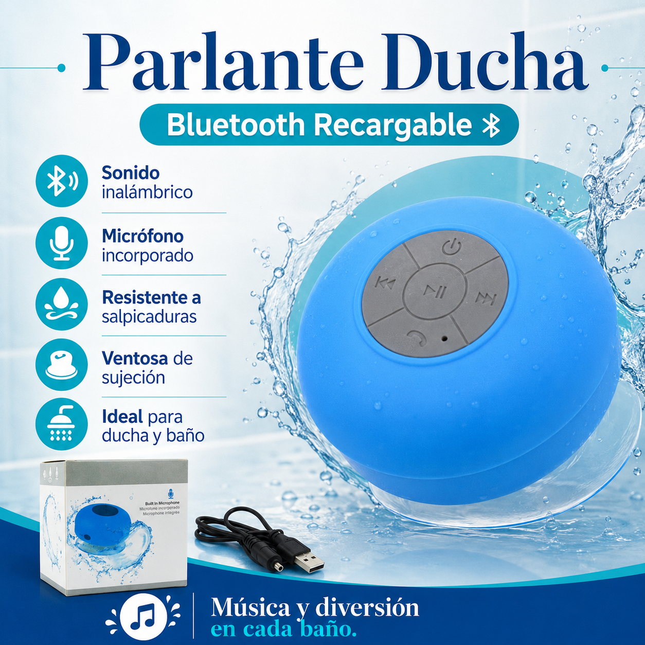 Parlante Ducha Bluetooth Portátil con Luces LED